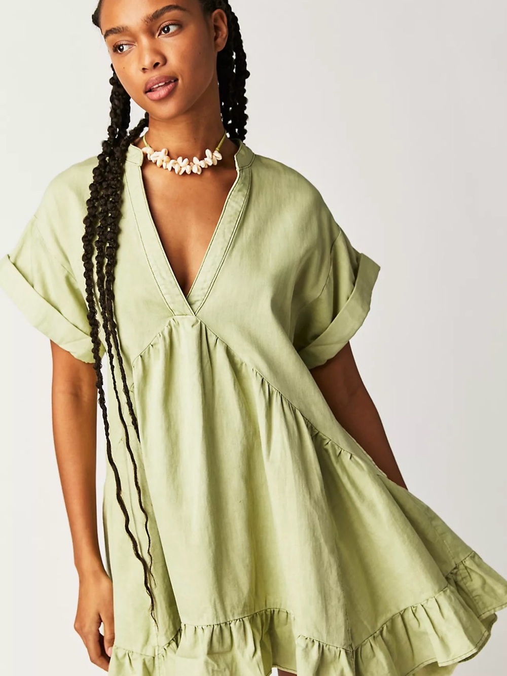 Free People Agnes Sage Green Denim Dress Boho Hippie